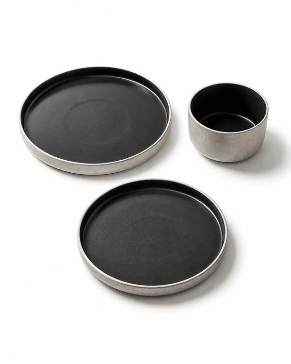 Handmade black and grey ceramic dinnerware set with dinner plate, side plate and bowl