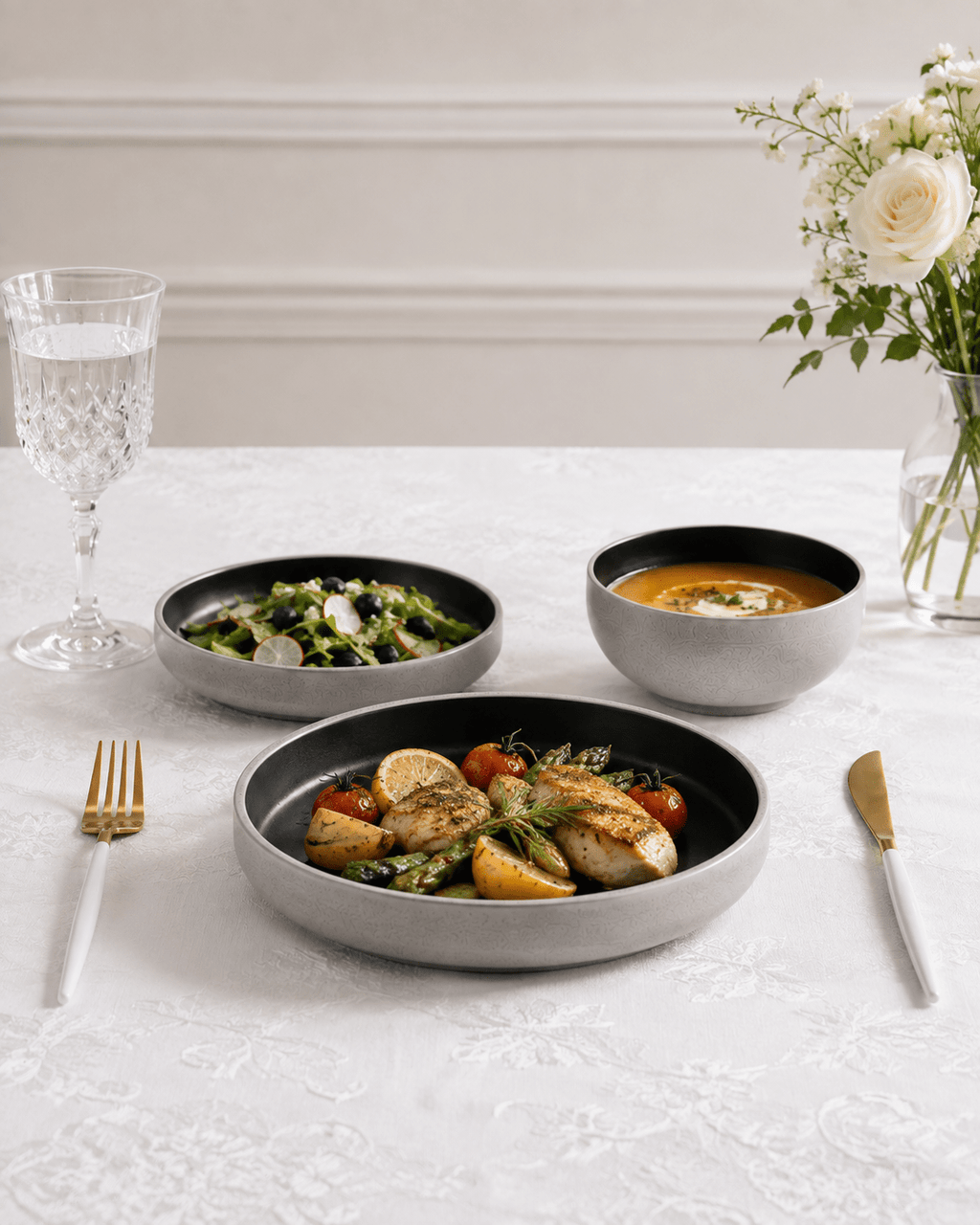 Handmade black and grey ceramic dinnerware set styled with food on a white European tablecloth