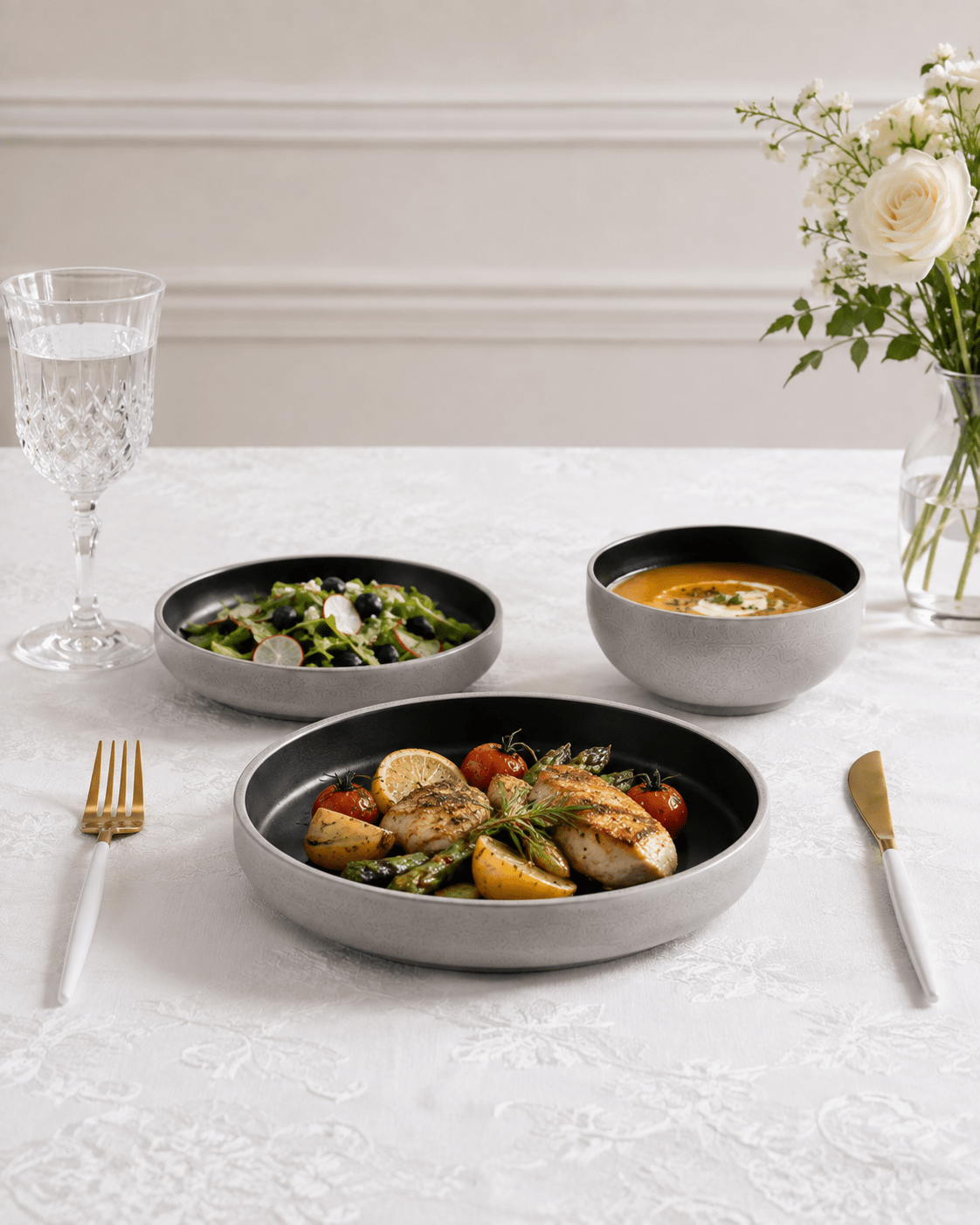 Handmade black and grey ceramic dinnerware set styled with food on a white European tablecloth