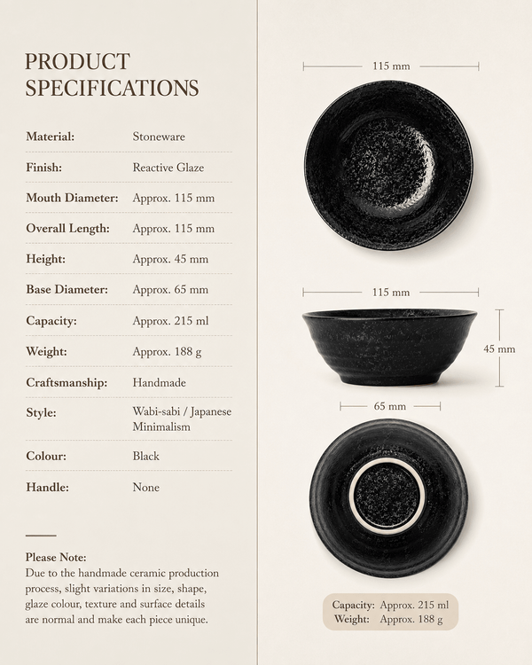 Handmade black reactive glaze stoneware bowl specifications with 115 mm diameter, 45 mm height and 215 ml capacity
