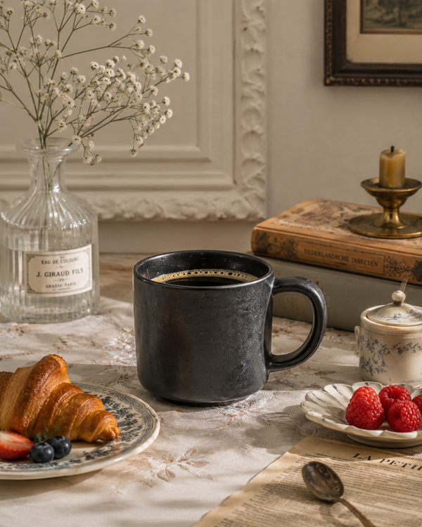 Handmade black stoneware coffee mug with coffee on a warm European-style breakfast table
