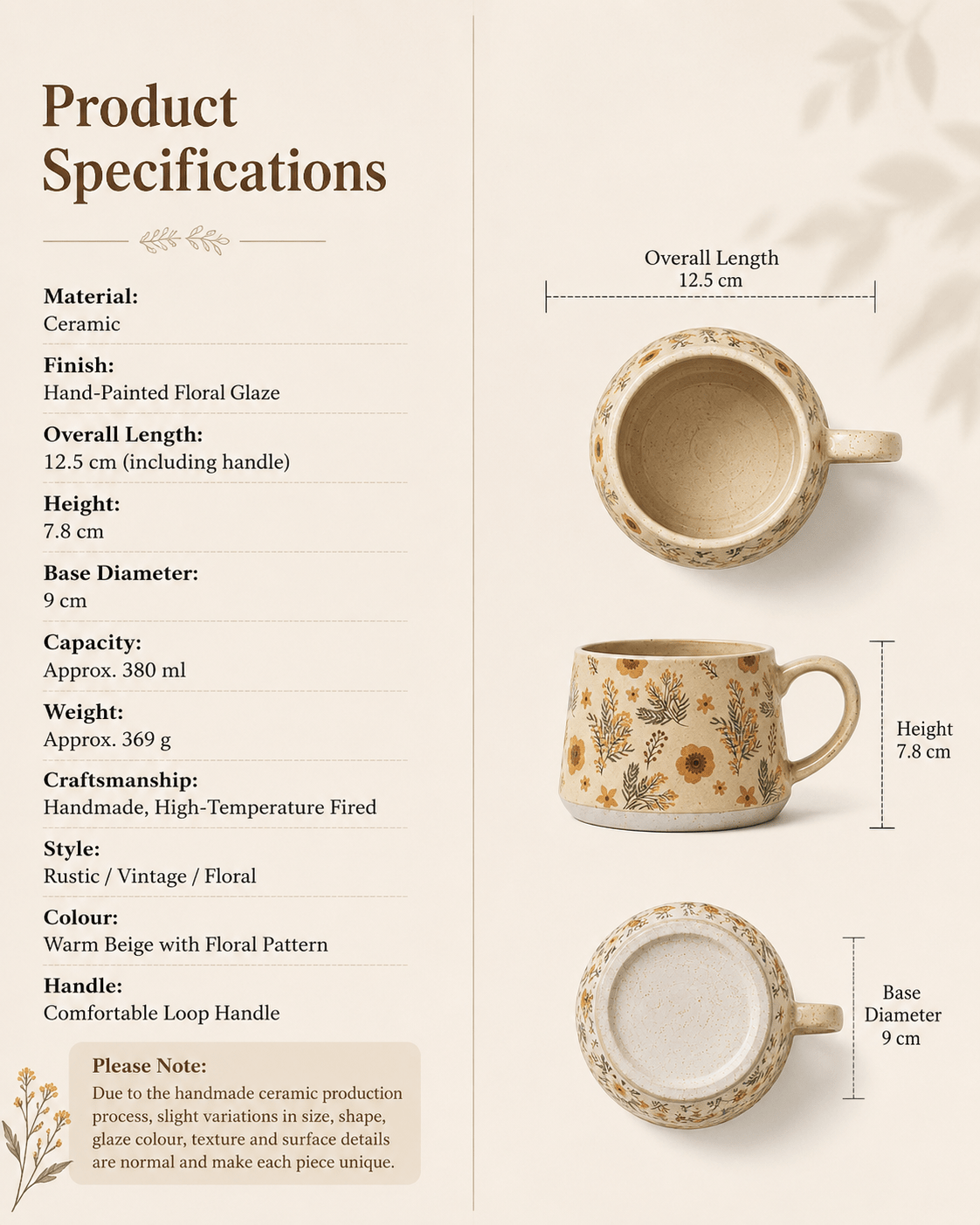 Product specifications and dimensions for handmade botanical floral ceramic mug