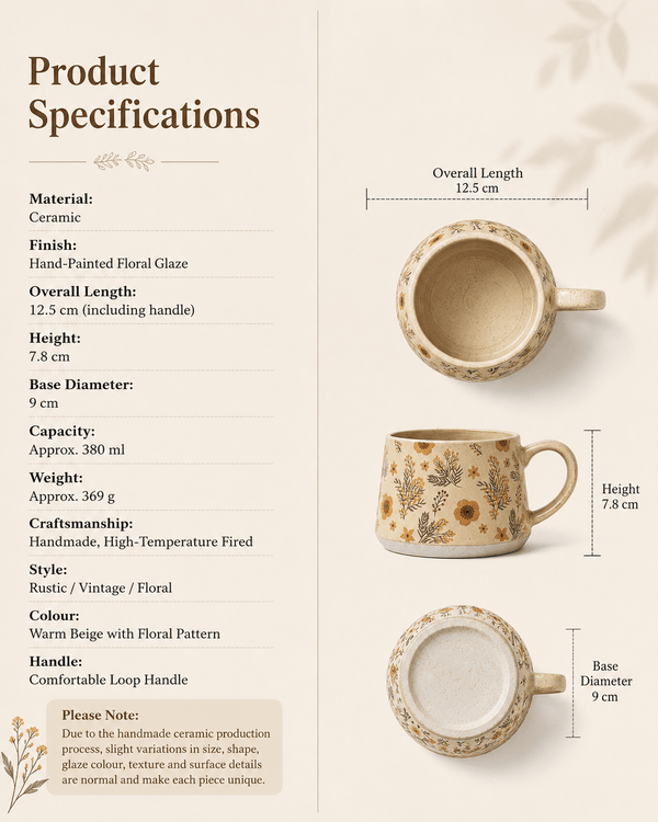 Product specifications and dimensions for handmade botanical floral ceramic mug