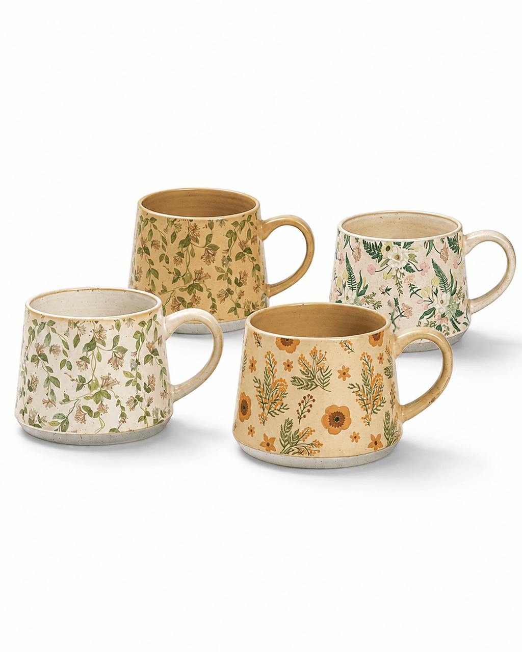 Four handmade botanical floral ceramic mugs in assorted vintage-inspired designs