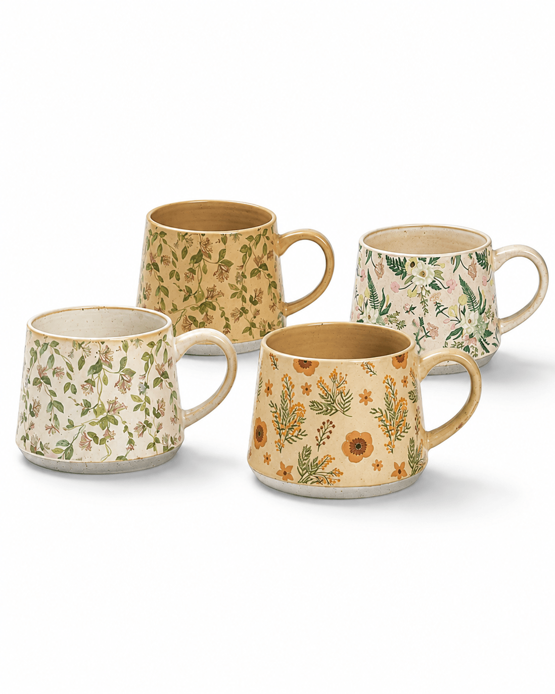 Four handmade botanical floral ceramic mugs in assorted vintage-inspired designs