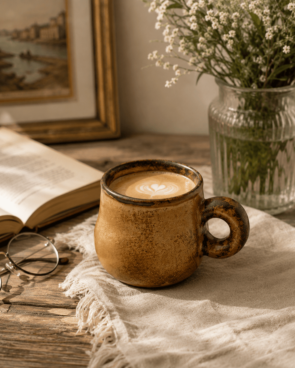 Handmade brown ceramic coffee mug with latte on a rustic table in a warm European-style interior