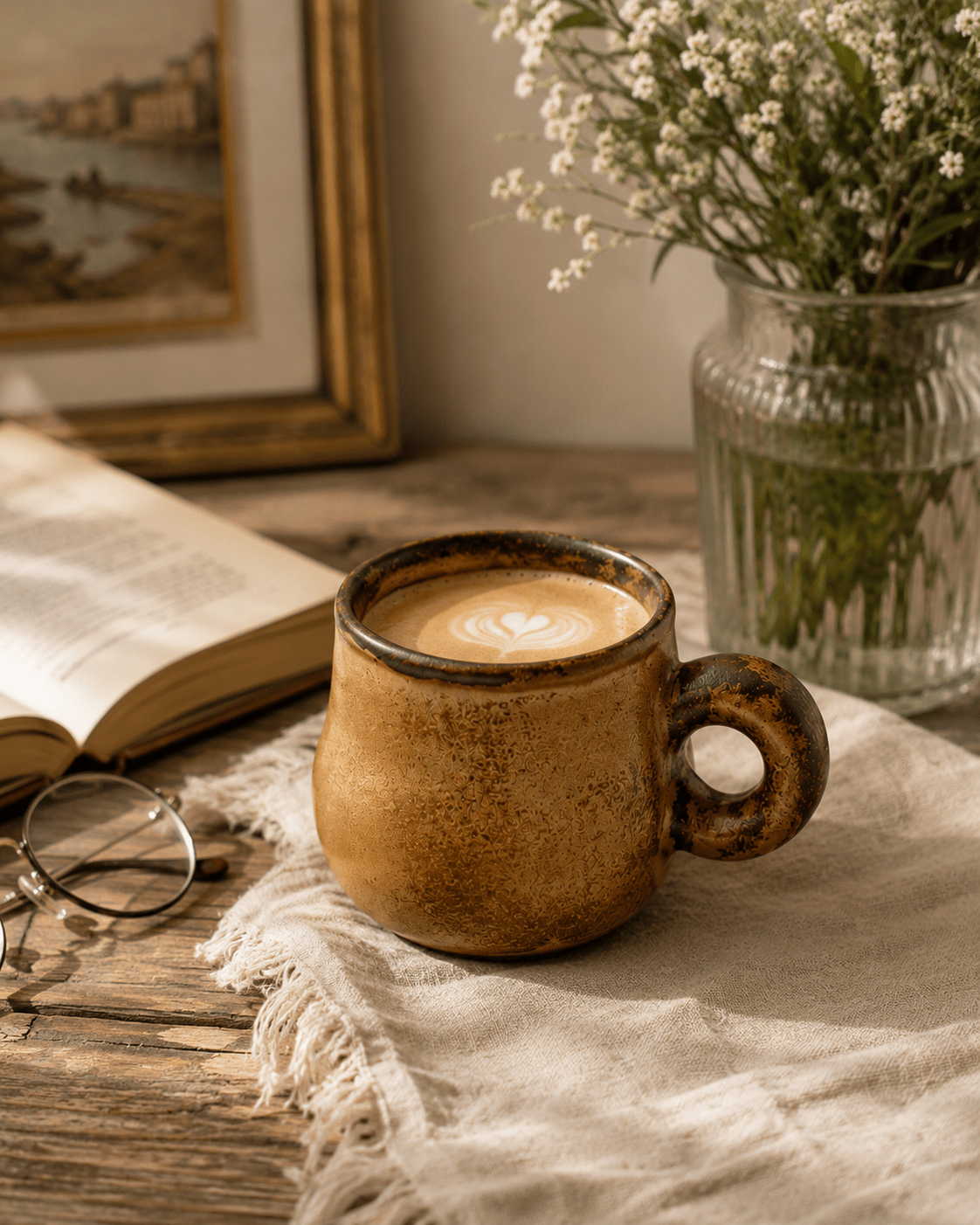 Handmade brown ceramic coffee mug with latte on a rustic table in a warm European-style interior