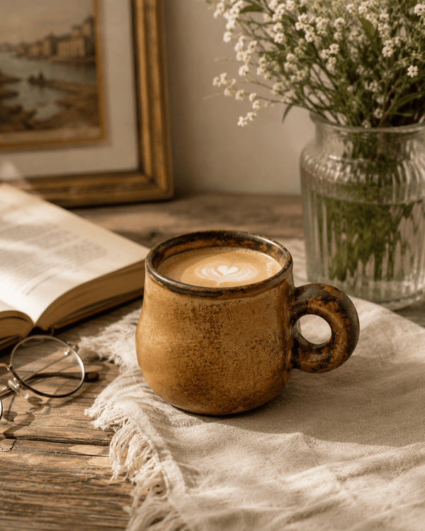Handmade brown ceramic coffee mug with latte on a rustic table in a warm European-style interior