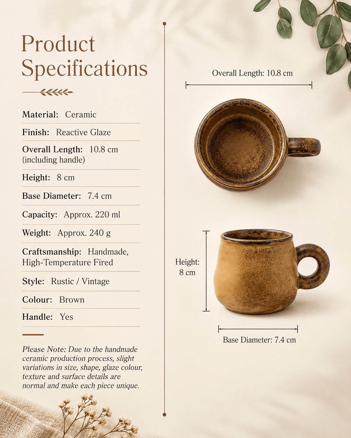 Product specifications for a handmade brown ceramic coffee mug with 240ml capacity and round handle