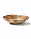 Side view of handmade brown and cream ceramic pasta bowl with reactive glaze, wide shallow profile and raised foot base