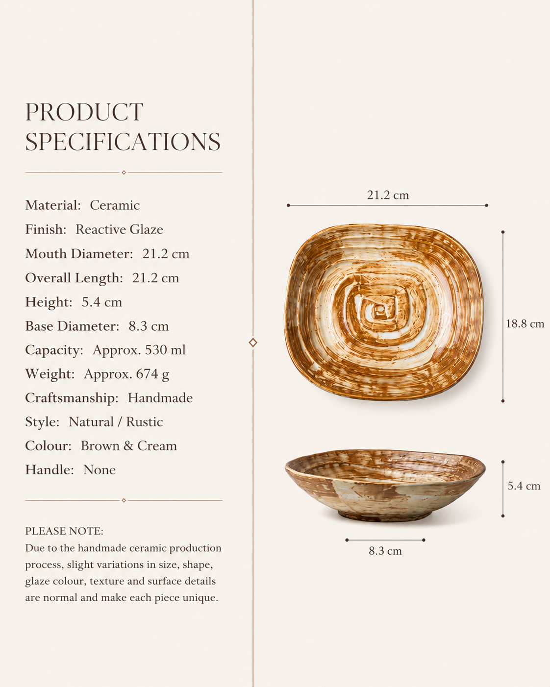 Product specifications for handmade brown and cream reactive glaze ceramic pasta bowl measuring 21.2 cm by 18.8 cm and 5.4 cm high with 530 ml capacity