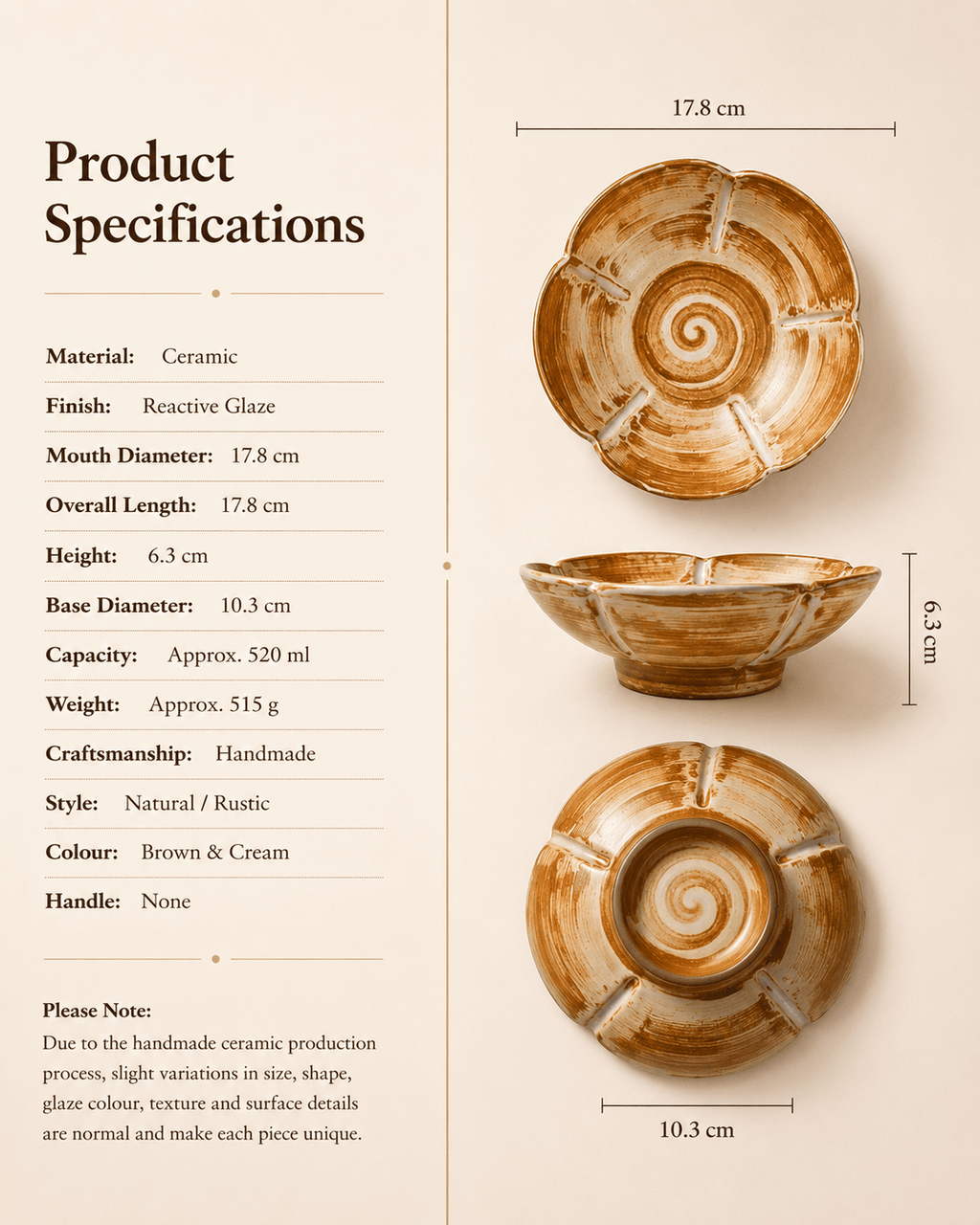handmade-brown-cream-reactive-glaze-ceramic-pasta-bowl-specifications
