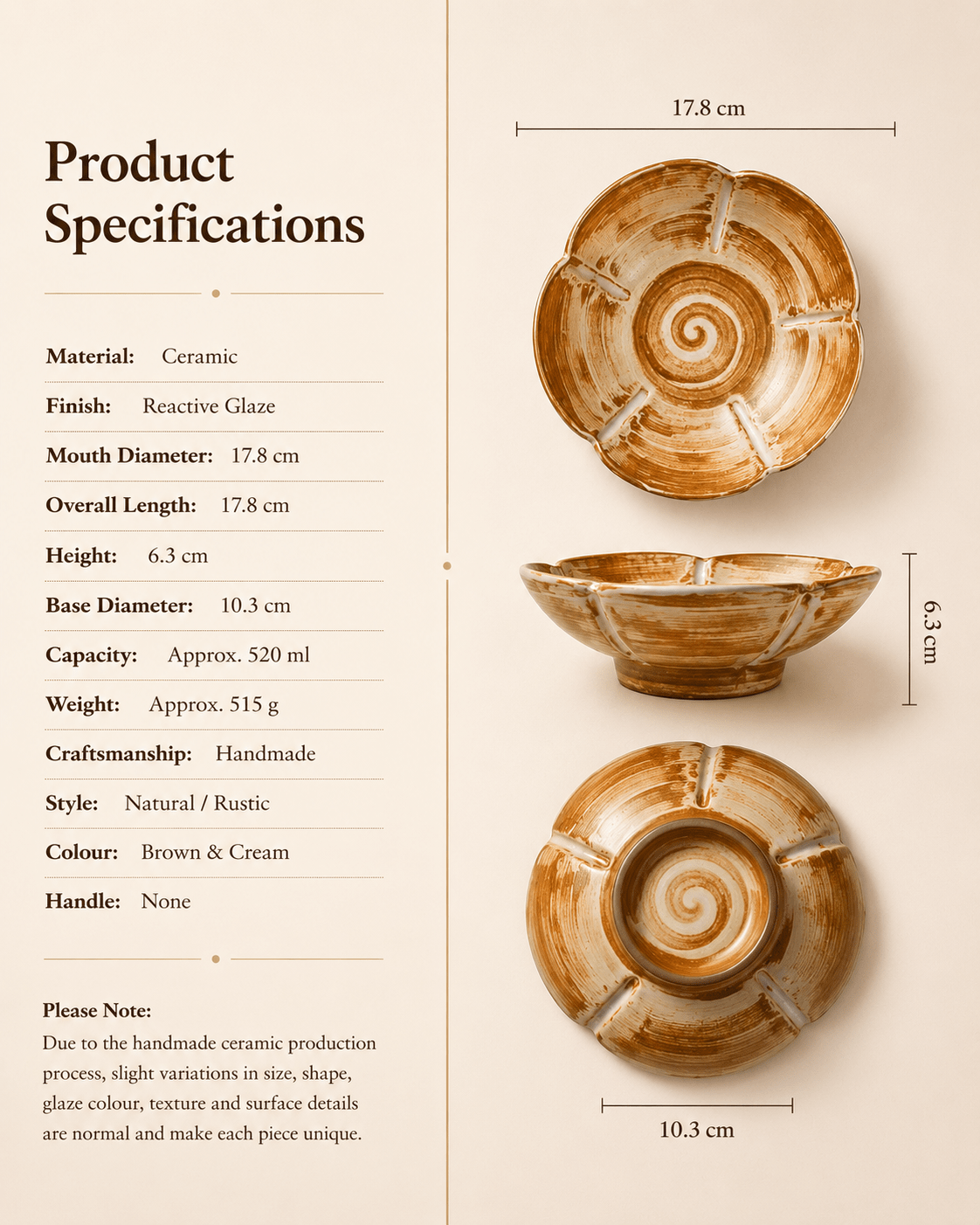 handmade-brown-cream-reactive-glaze-ceramic-pasta-bowl-specifications