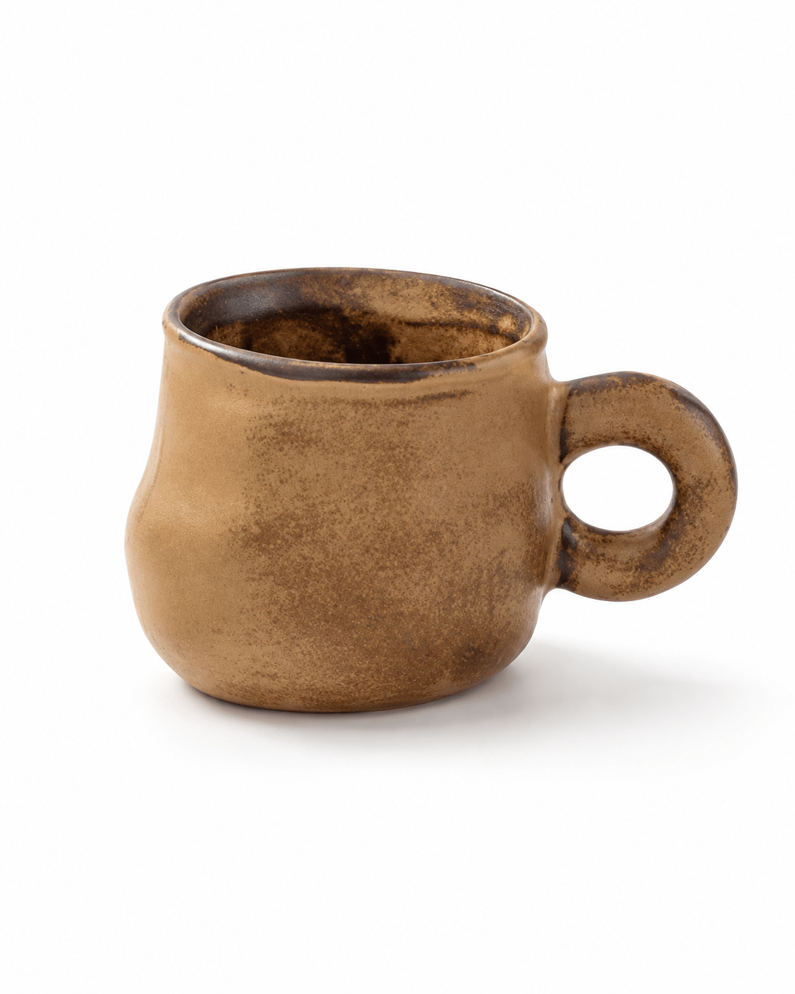 Handmade brown reactive glaze ceramic coffee mug with a rounded body and distinctive round handle Main image