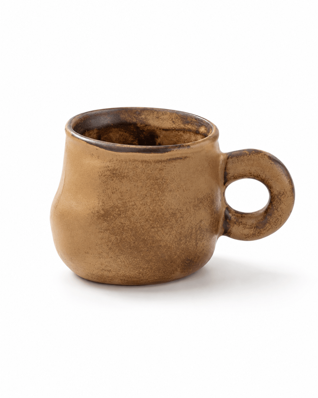 Handmade brown reactive glaze ceramic coffee mug with a rounded body and distinctive round handle
