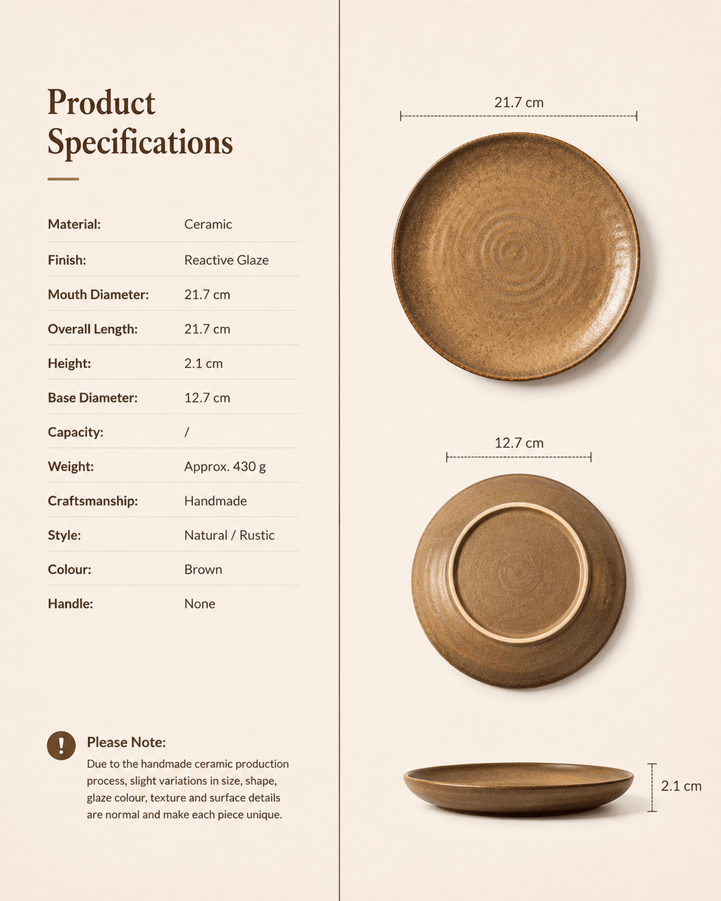 handmade-brown-reactive-glaze-ceramic-plate-specifications