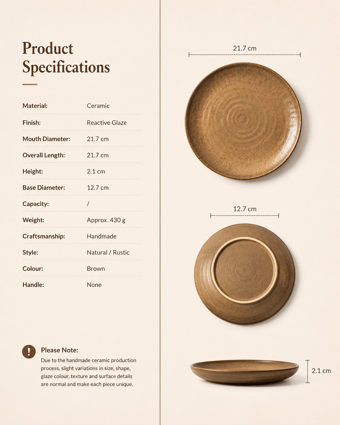 handmade-brown-reactive-glaze-ceramic-plate-specifications
