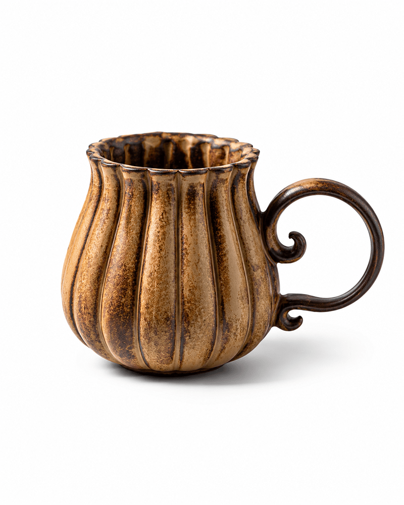 Handmade brown ribbed stoneware coffee mug with reactive glaze and decorative curled handle Main image