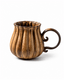 Handmade brown ribbed stoneware coffee mug with reactive glaze and decorative curled handle
