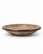 Side view of handmade brown speckled reactive glaze ceramic pasta bowl with a wide shallow profile and dark glazed rim