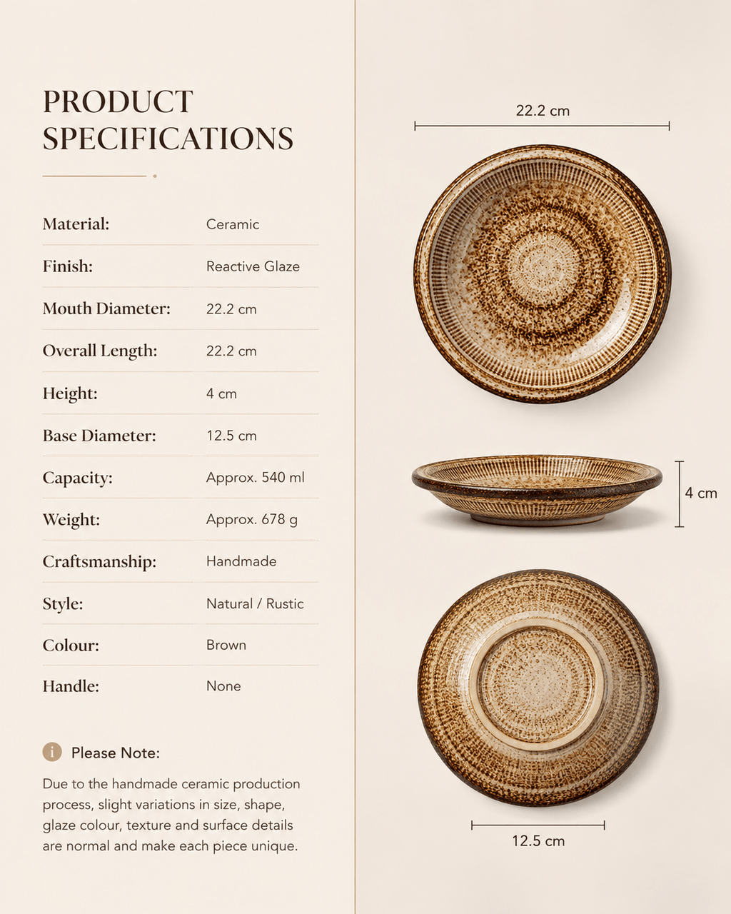 Product specifications for handmade brown speckled reactive glaze ceramic pasta bowl measuring 22.2 cm wide and 4 cm high with 540 ml capacity