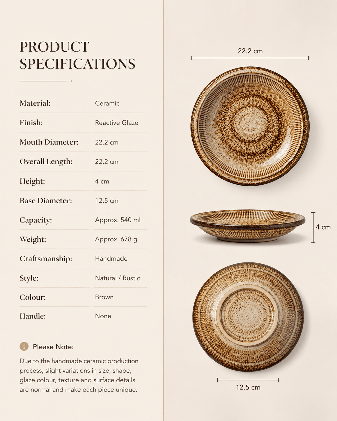 Product specifications for handmade brown speckled reactive glaze ceramic pasta bowl measuring 22.2 cm wide and 4 cm high with 540 ml capacity