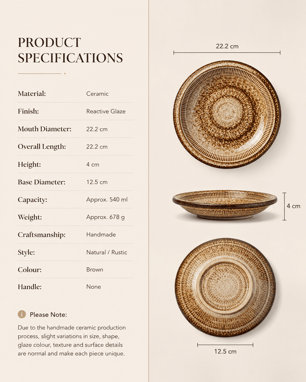 Product specifications for handmade brown speckled reactive glaze ceramic pasta bowl measuring 22.2 cm wide and 4 cm high with 540 ml capacity