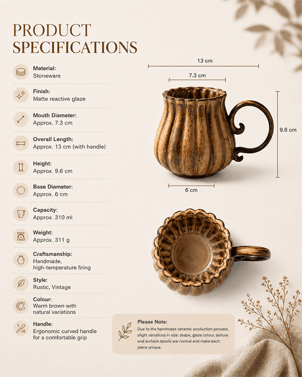 Handmade brown stoneware mug with ribbed body, curled handle and 310ml capacity, shown with product dimensions