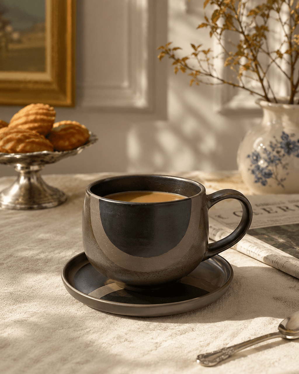 Black handmade ceramic coffee cup and saucer with coffee in a warm European table setting