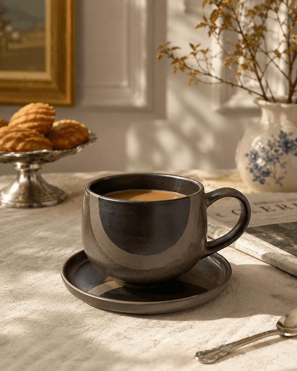 Black handmade ceramic coffee cup and saucer with coffee in a warm European table setting
