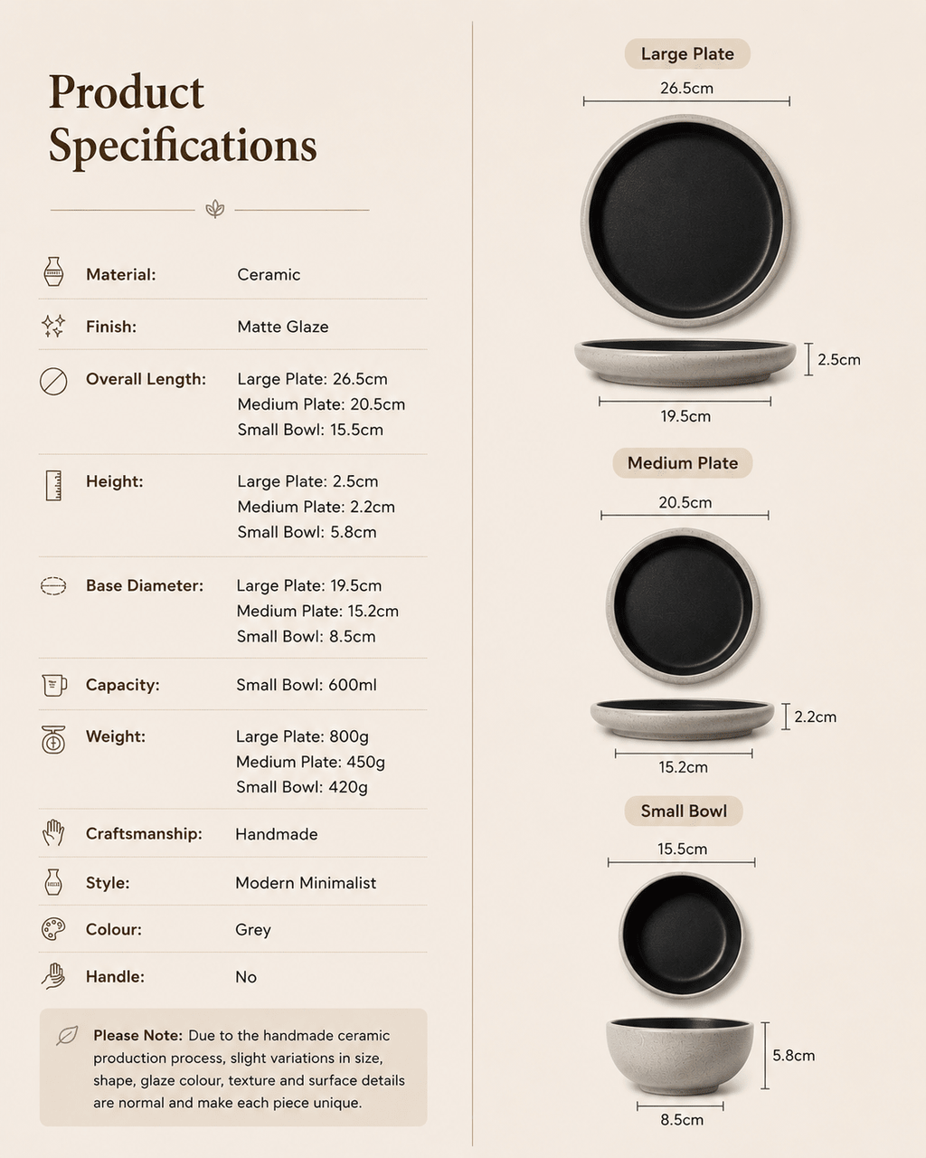 Size specifications for handmade ceramic dinnerware set with large plate, medium plate and bowl