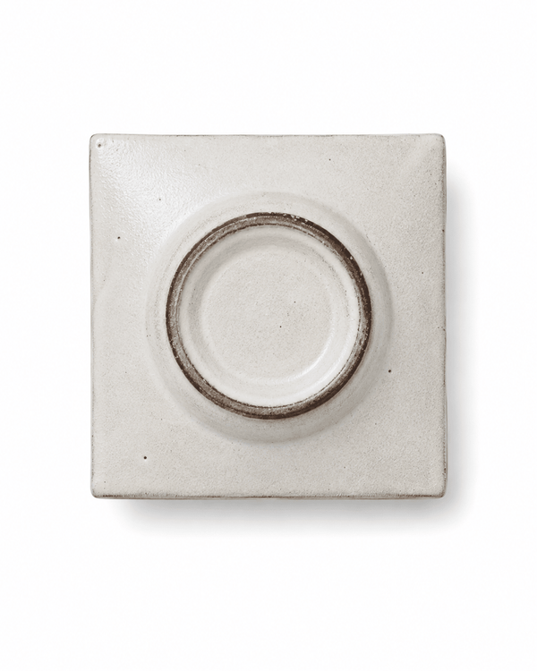Base view of handmade square ceramic dipping dish with natural artisan finish
