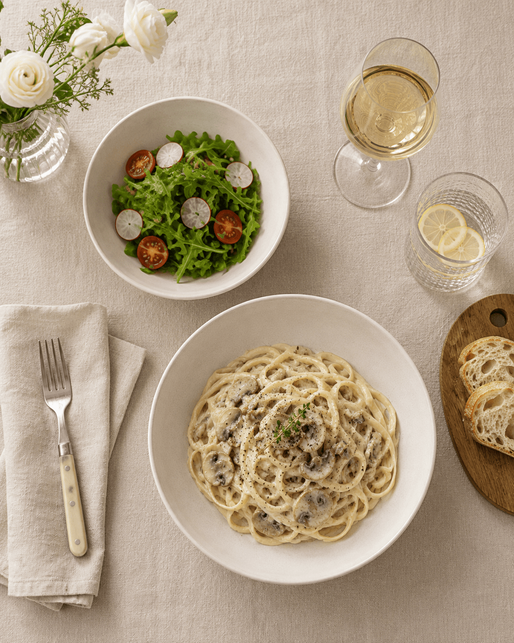 Handmade off white ceramic pasta and cereal bowls served with creamy mushroom pasta and fresh salad on a dining table