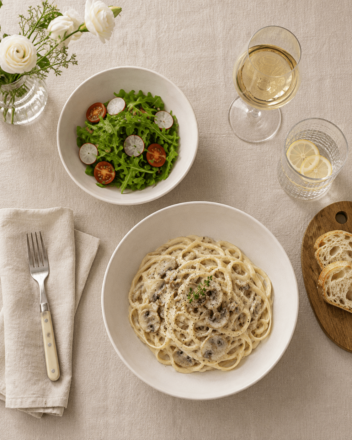 Handmade off white ceramic pasta and cereal bowls served with creamy mushroom pasta and fresh salad on a dining table