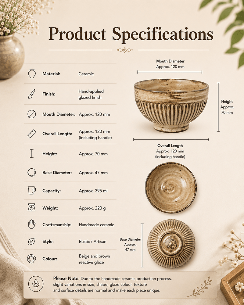 Product specification chart showing dimensions capacity and height details for the handcrafted beige ceramic rice bowl