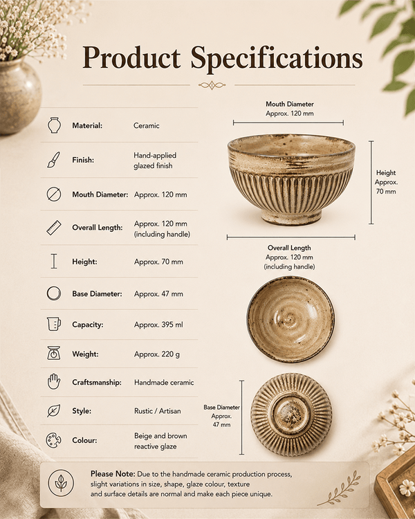 Product specification chart showing dimensions capacity and height details for the handcrafted beige ceramic rice bowl