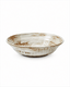 Side view of handmade white and brown reactive glaze ceramic serving bowl, 7.2 inch