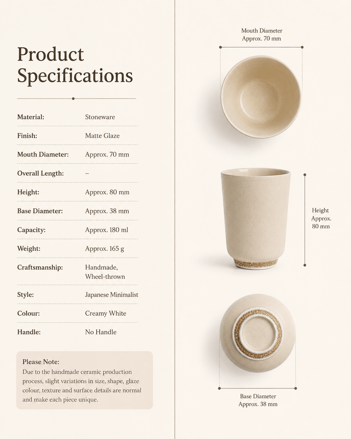 Handmade Cream Matte Glaze Stoneware Tea Cup