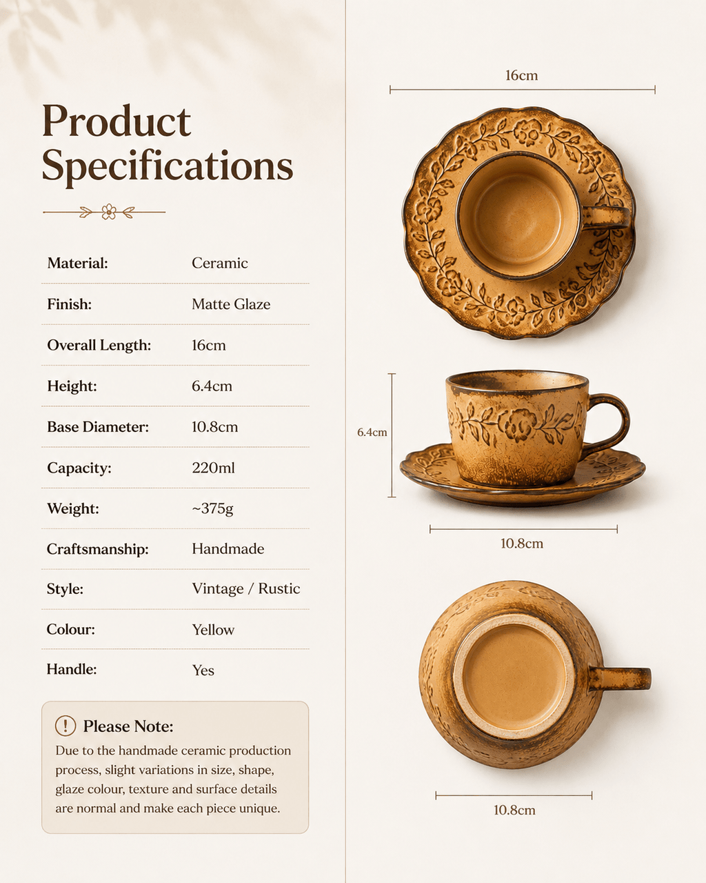 Product specifications for handmade floral embossed ceramic coffee cup and saucer showing 220ml capacity, dimensions and rustic yellow glaze