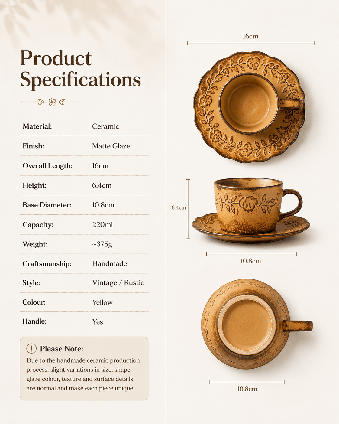 Product specifications for handmade floral embossed ceramic coffee cup and saucer showing 220ml capacity, dimensions and rustic yellow glaze