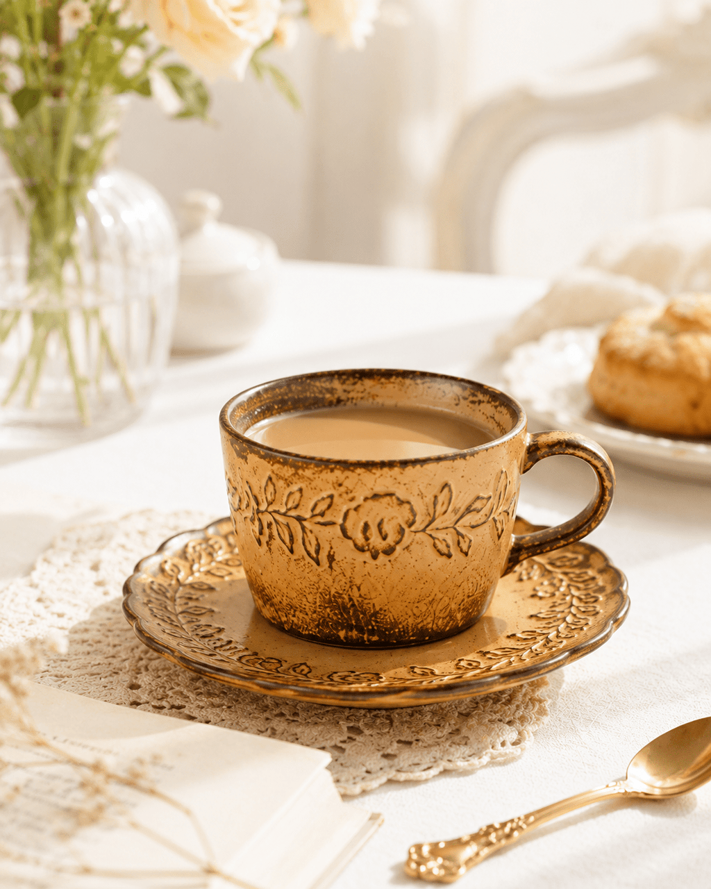 Handmade floral embossed ceramic coffee cup and saucer in rustic yellow glaze styled with coffee on a warm table setting