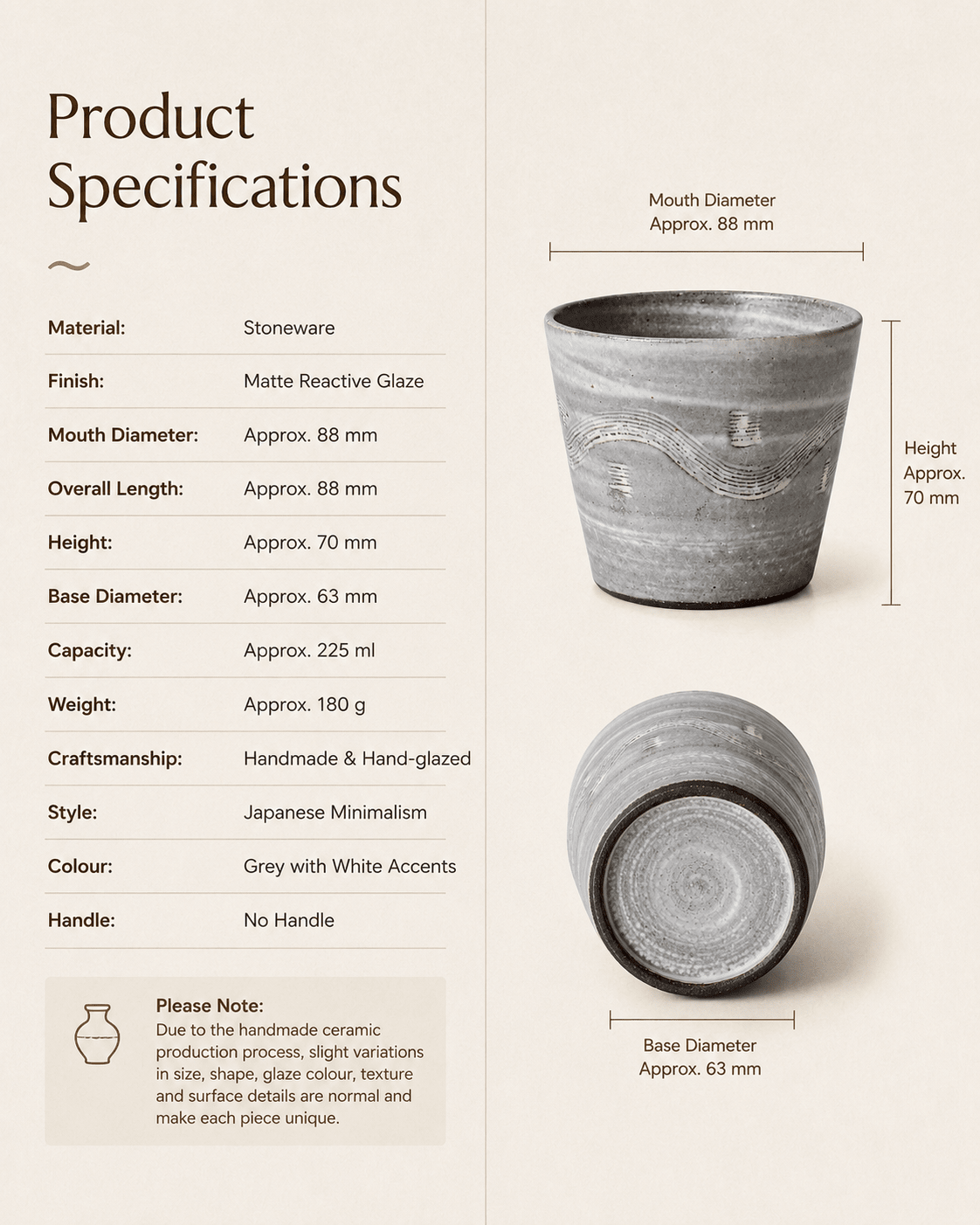 Product specifications for handmade grey reactive glaze stoneware tumbler with 225 ml capacity and 88 mm diameter