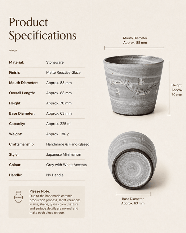 Product specifications for handmade grey reactive glaze stoneware tumbler with 225 ml capacity and 88 mm diameter