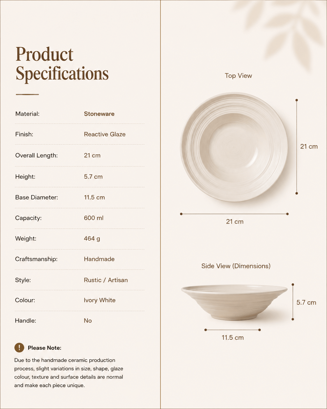 Product specifications for a handmade ivory stoneware pasta bowl measuring 21 cm with a 600 ml capacity