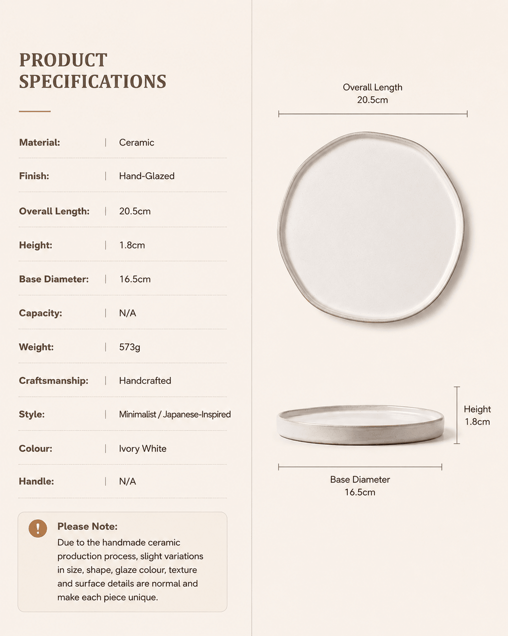 Handmade ivory white ceramic dinner plate specifications showing 20.5cm length, 1.8cm height and 16.5cm base diameter