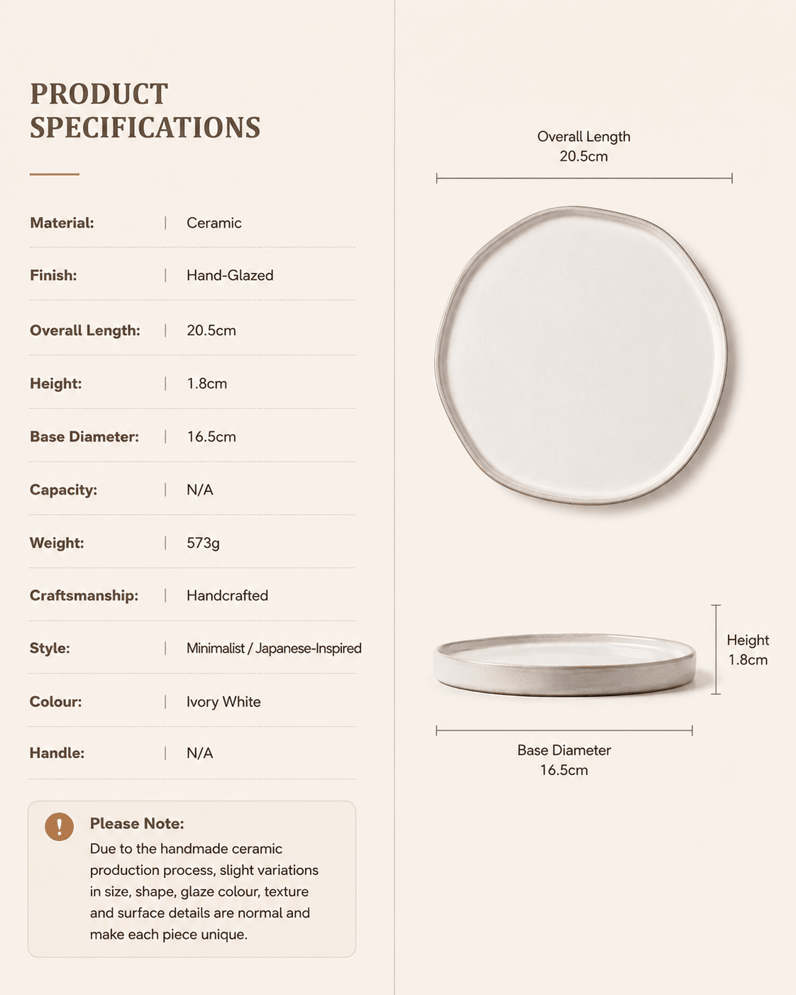 Handmade ivory white ceramic dinner plate specifications showing 20.5cm length, 1.8cm height and 16.5cm base diameter