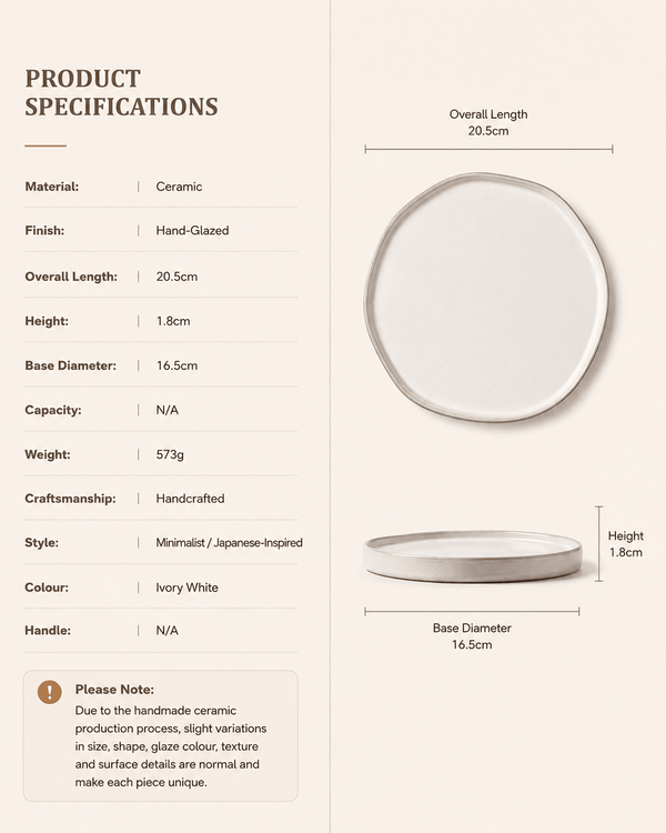 Handmade ivory white ceramic dinner plate specifications showing 20.5cm length, 1.8cm height and 16.5cm base diameter