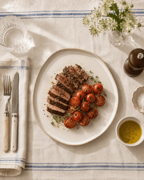 Handmade ivory white ceramic dinner plate served with sliced steak and roasted cherry tomatoes