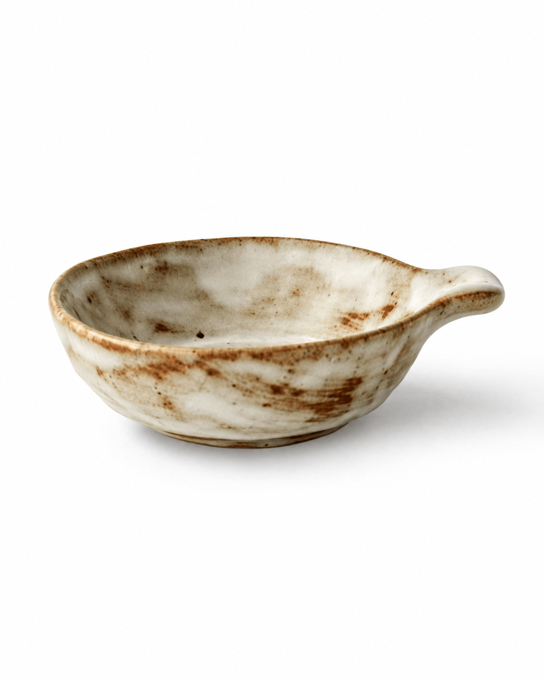 Handmade Japanese style rustic ceramic sauce dish with handle and brown speckled glaze Main image