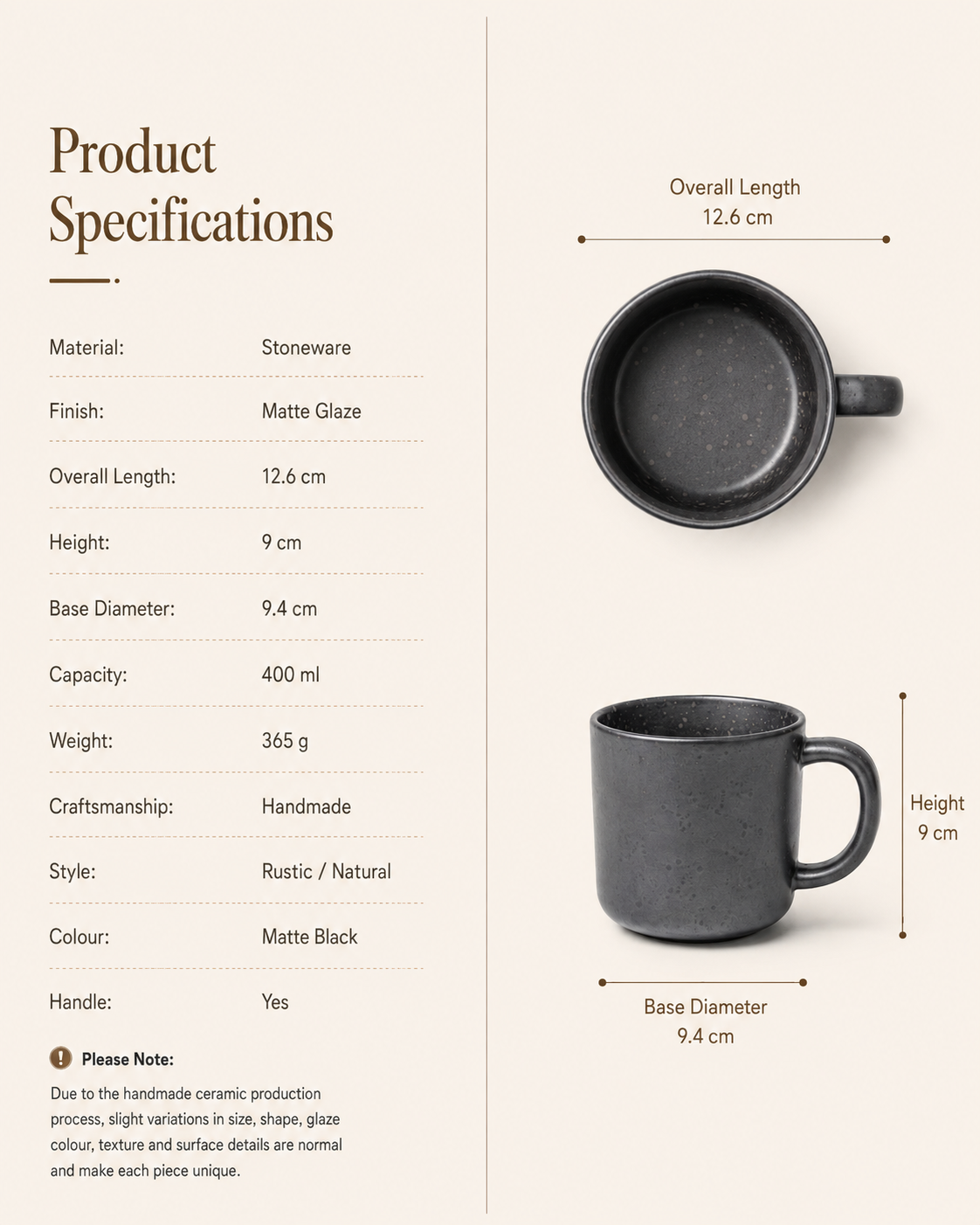 Handmade matte black stoneware mug specifications showing 12.6 cm overall length, 9 cm height and 400ml capacity